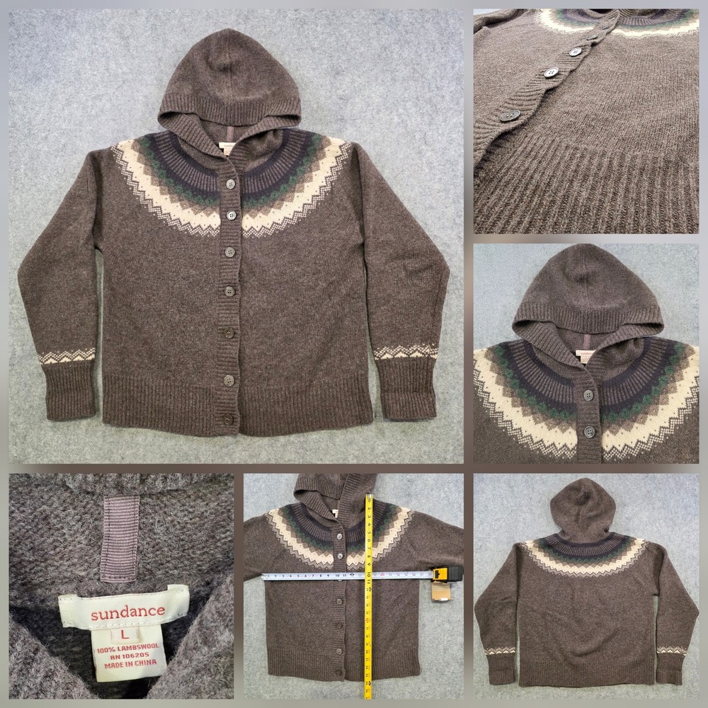 Sundance Sweater Womens Large Brown Lambswool Hooded Fair Isle Cardigan Knit
